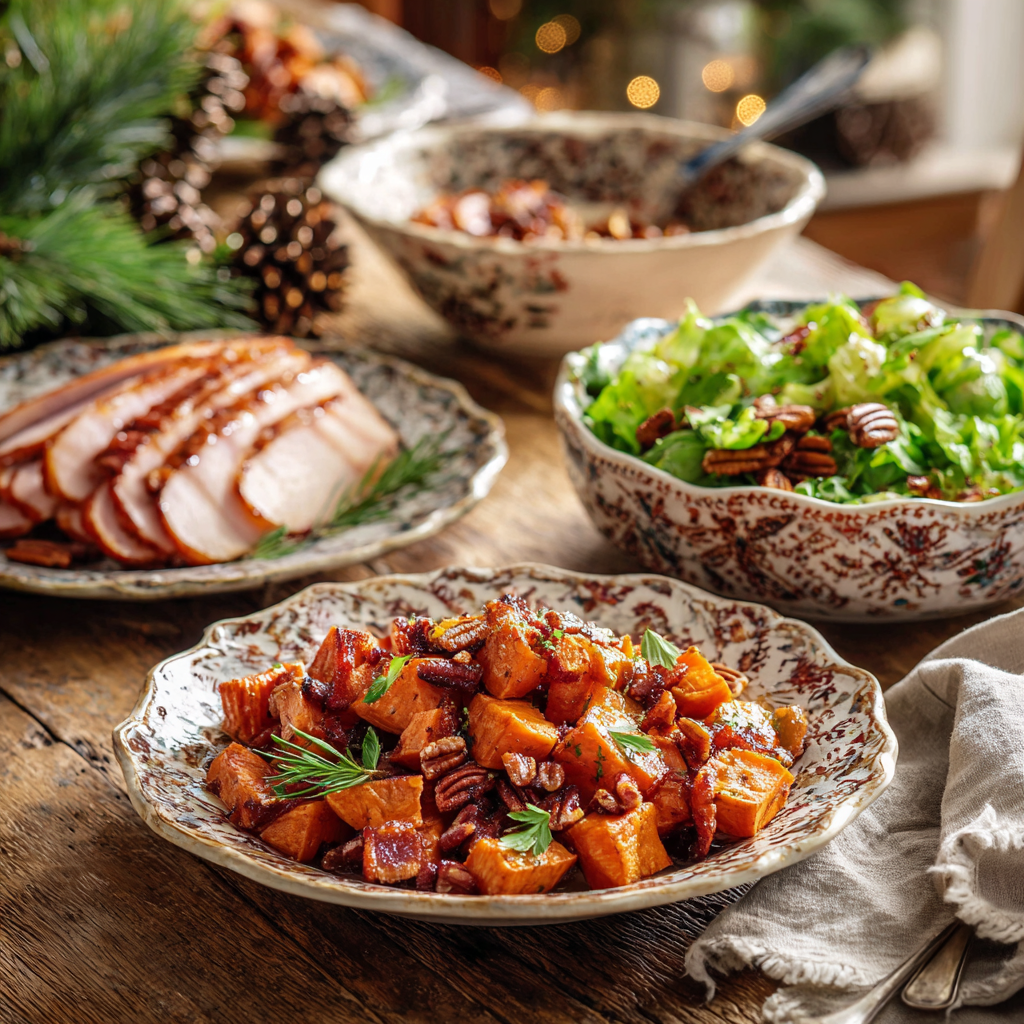 A rustic table set with Bacon & Pecan Roasted Sweet Potatoes, sliced roasted turkey, a fresh pecan-topped green salad, and holiday-inspired side dishes in a cozy farmhouse kitchen.