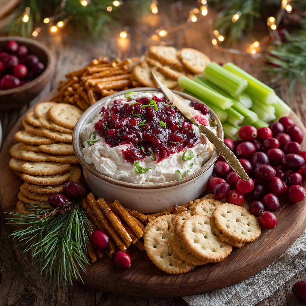 A holiday serving board with cranberry jalapeño cream cheese dip surrounded by Ritz crackers, pretzel crisps, celery sticks, and fresh cranberries in a rustic farmhouse setting.