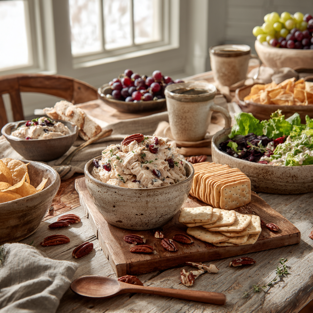 A rustic farmhouse table spread featuring cranberry pecan chicken salad served with crackers, fresh grapes, kettle chips, mixed greens, and coffee in stoneware mugs.