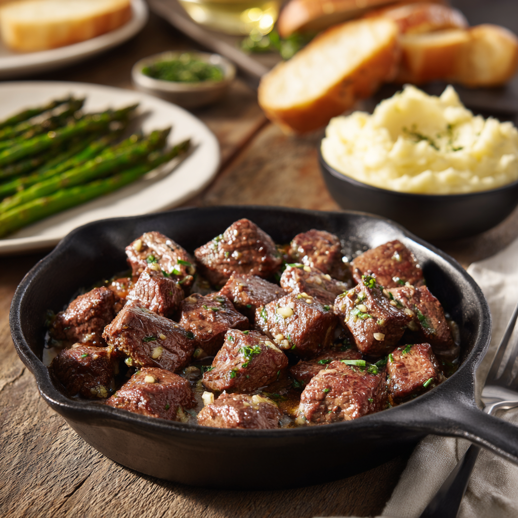 Garlic butter steak bites served with mashed potatoes, roasted asparagus, and crusty bread