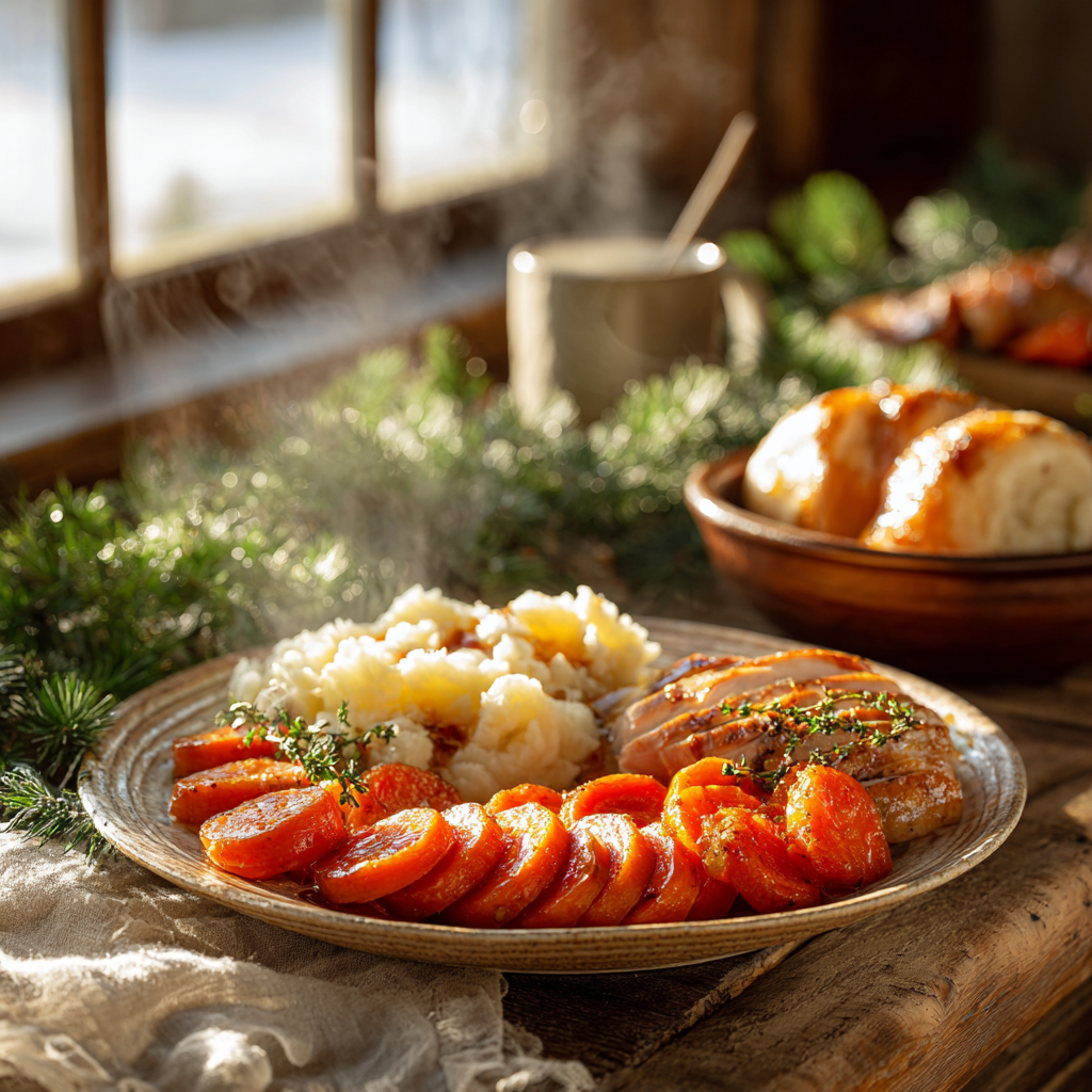 Plate of sliced honey butter carrots served with roasted chicken, mashed potatoes, and dinner rolls in a warm rustic farmhouse setting with holiday greenery.