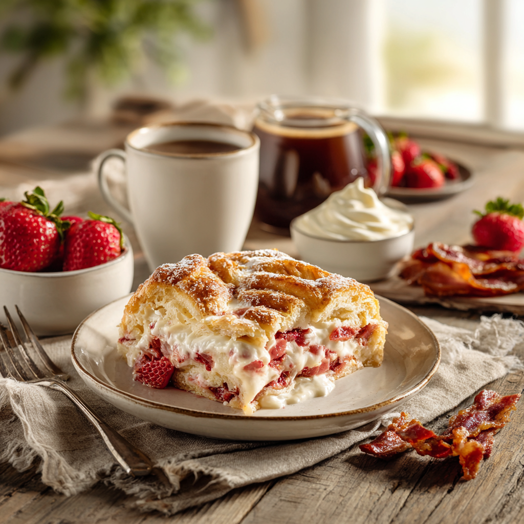 Slice of strawberry cream cheese crescent bake served with coffee, fresh strawberries, whipped cream, and bacon