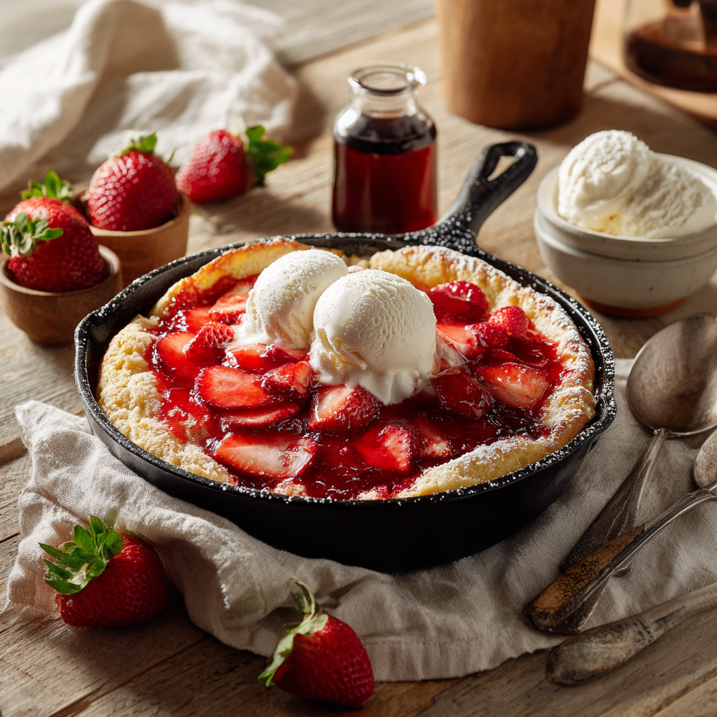 Strawberry shortcake skillet dessert served with vanilla ice cream, fresh strawberries, and strawberry syrup as topping options.