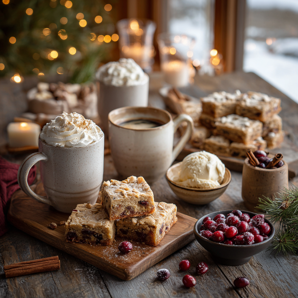 A rustic holiday dessert spread featuring White Chocolate Cranberry Blondies served with hot cocoa topped with whipped cream, coffee, vanilla ice cream, fresh cranberries, and warm spices in a cozy farmhouse kitchen.