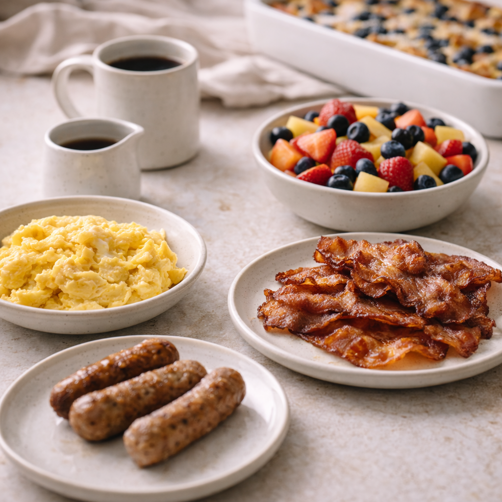 Breakfast spread with bacon, sausage, scrambled eggs, fresh fruit, coffee, and blueberry breakfast bake in the background.