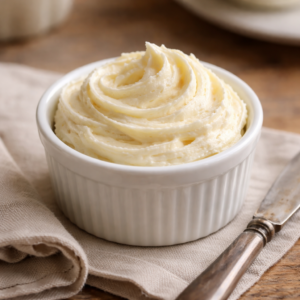 Whipped vanilla butter with a light, fluffy texture served in a white ceramic ramekin on a rustic farmhouse table.