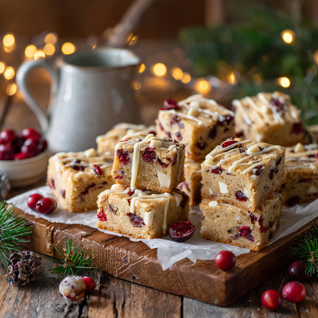 Stacked white chocolate cranberry blondies on a rustic wooden board, drizzled with melted white chocolate and surrounded by fresh cranberries, pine sprigs, and warm holiday lights.