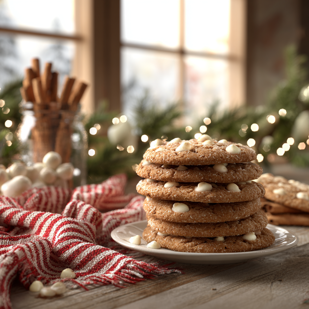 A rustic farmhouse-style Christmas kitchen scene with a stack of soft white chocolate gingerbread cookies on a plate, surrounded by twinkling lights, cinnamon sticks, evergreen garland, and a red striped linen.