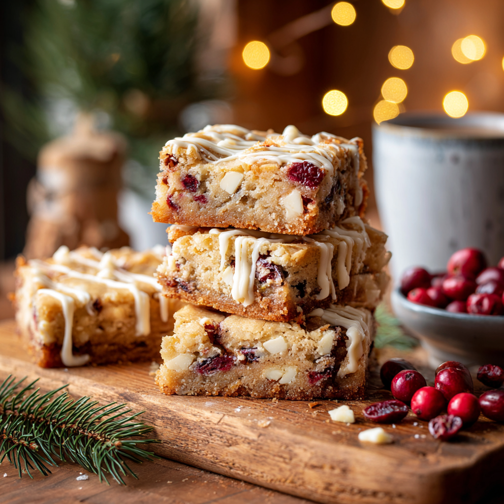 Stack of White Chocolate Cranberry Blondies drizzled with melted white chocolate, displayed on a rustic wooden board with cranberries and warm holiday lights in the background.