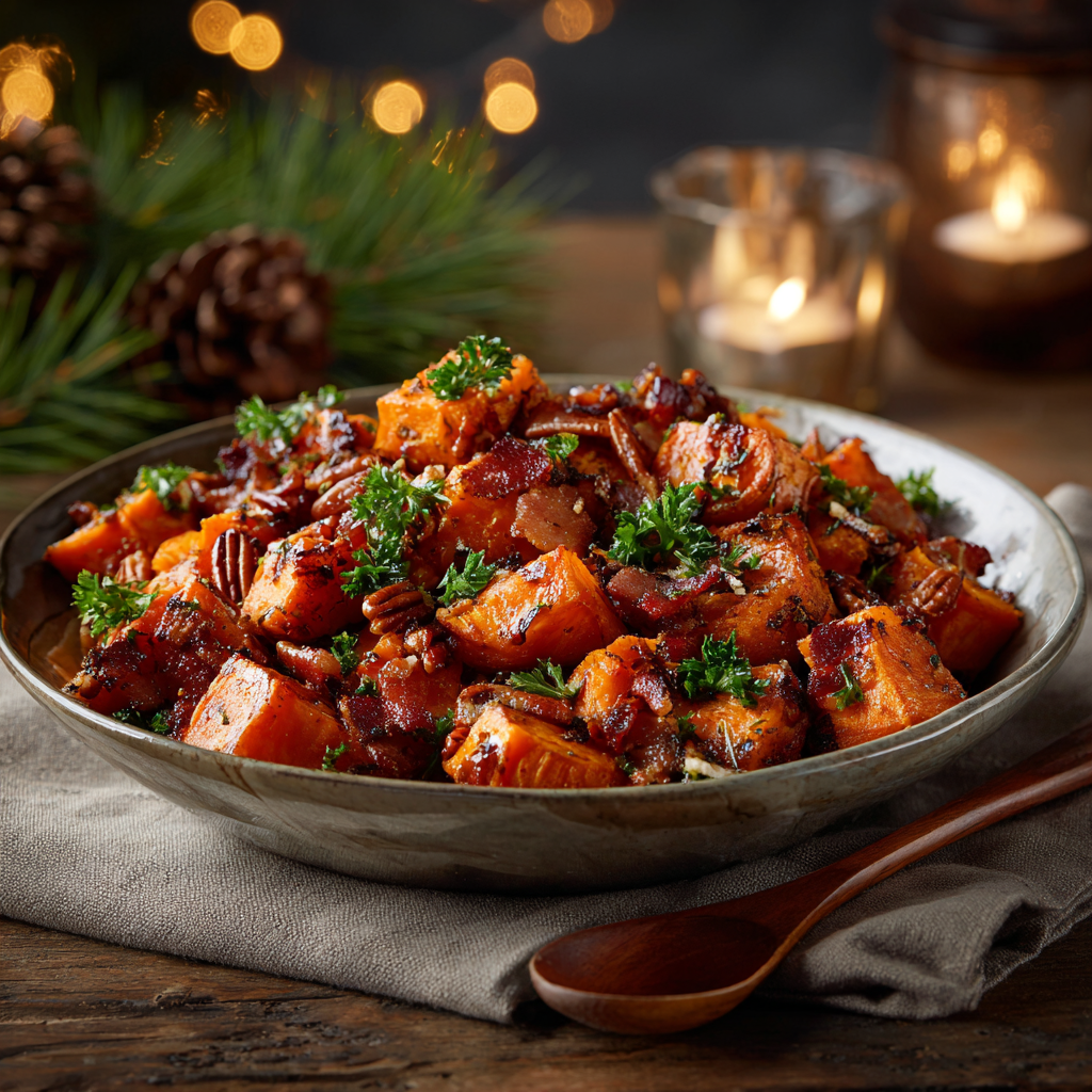 A warm bowl of caramelized sweet potatoes with crispy bacon, toasted pecans, and fresh parsley, styled with candles and holiday greenery in a cozy farmhouse kitchen.