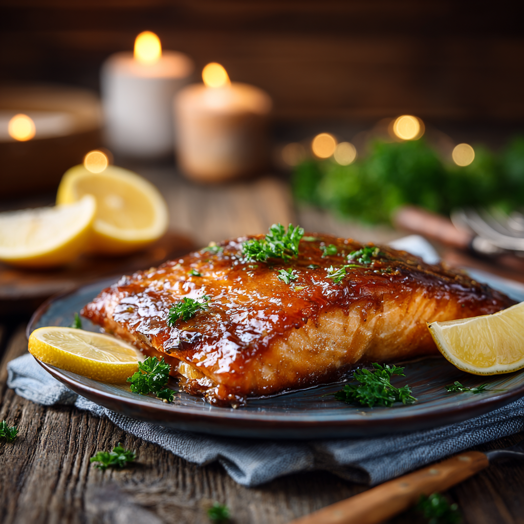Cozy rustic scene featuring a caramelized Brown Sugar Glazed Salmon fillet garnished with parsley and served with lemon wedges, surrounded by warm candlelight and soft bokeh.