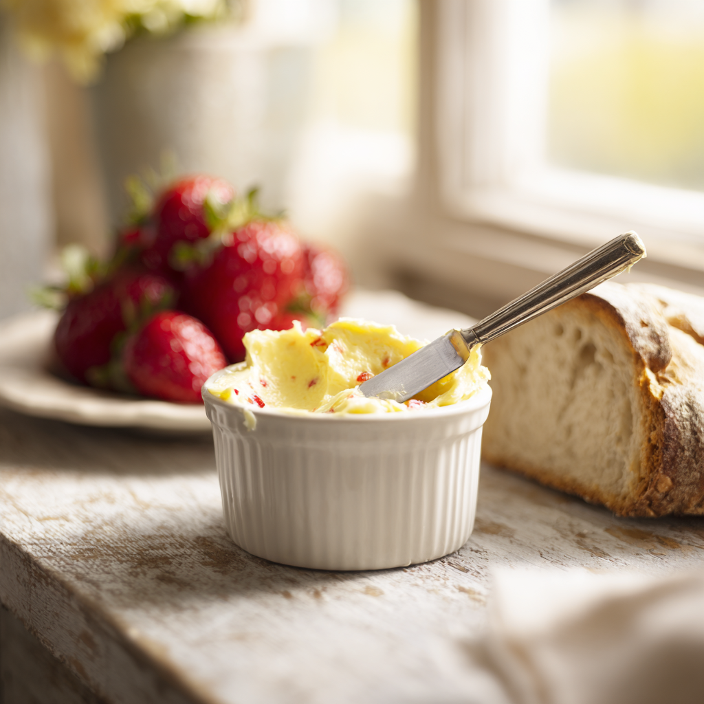 Strawberry compound butter in a white ramekin with a butter knife, served with fresh bread and strawberries