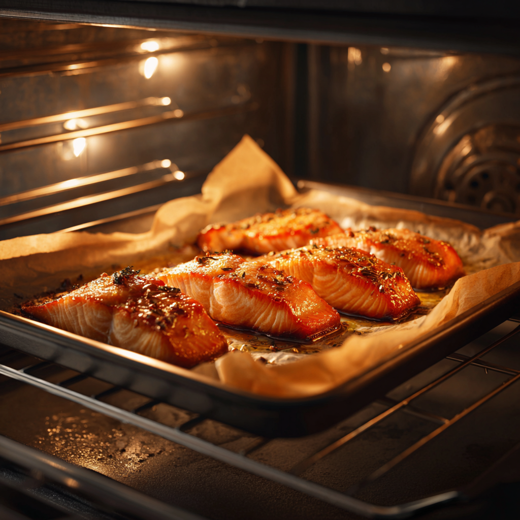 Salmon fillets baking in the oven on a parchment-lined sheet pan, with the brown sugar glaze bubbling and caramelizing under warm oven light.