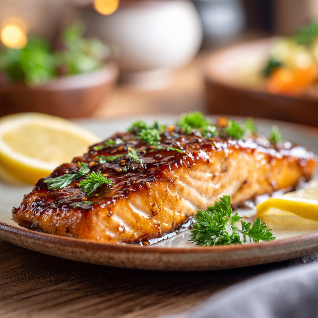 Close-up of a caramelized Brown Sugar Glazed Salmon fillet garnished with fresh parsley and served with lemon wedges on a rustic ceramic plate.