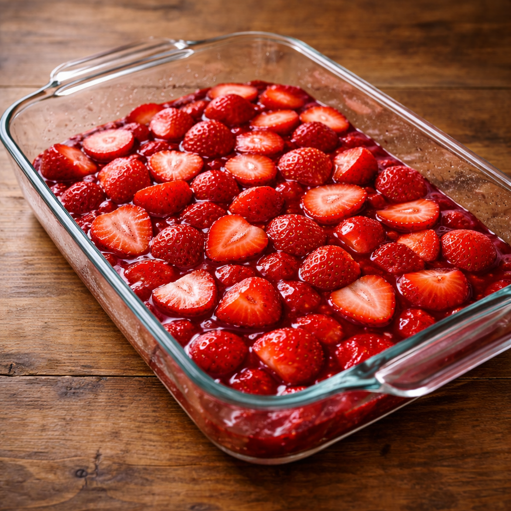 Strawberry pie filling spread in a glass baking dish and topped with sliced fresh strawberries before adding cake mix