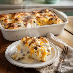 A sliced biscuits and gravy breakfast casserole resting after baking, showing set layers of biscuits, sausage gravy, eggs, and melted cheddar.