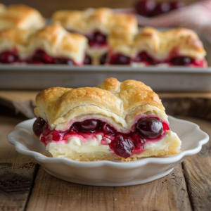 Plated cherry crescent roll bars with golden crescent dough top and bottom, creamy cream cheese layer, and baked cherry filling