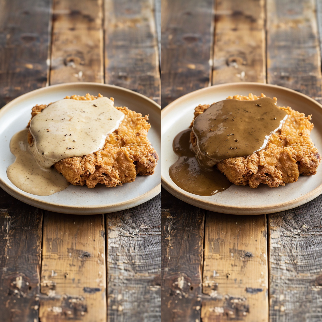 Side by side comparison of chicken fried steak with white cream gravy and country fried steak with brown gravy on rustic plates.