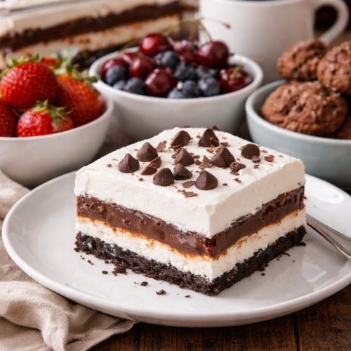 A slice of classic chocolate lasagna with Oreo crust, cream cheese, chocolate pudding, and whipped topping served on a white plate with berries and coffee.