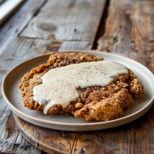 Golden brown chicken fried steak with a crispy, craggy coating topped with creamy white peppered gravy on a rustic plate.