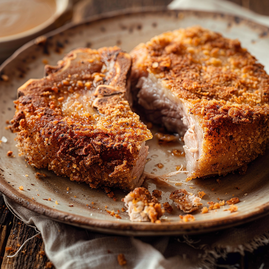 Close-up of a crispy Southern fried pork chop pulled apart to show the juicy, tender pork inside with a golden, crunchy coating.