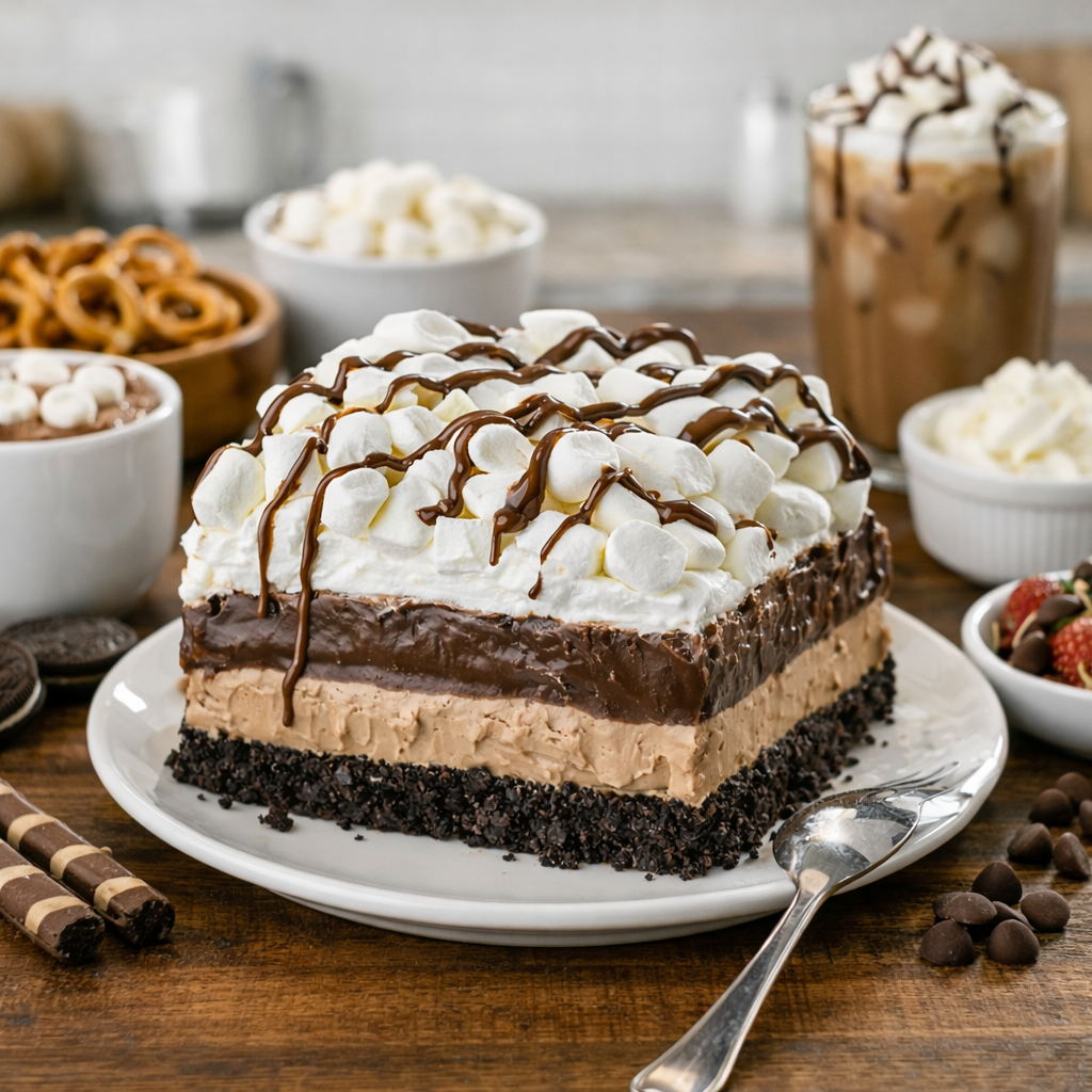 A slice of hot chocolate lasagna served on a wooden table with hot cocoa, iced coffee, chocolate-covered strawberries, pretzels, and extra marshmallows in a bright kitchen.