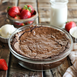 Hot fudge brownie pudding in a clear glass bowl with vanilla ice cream, fresh strawberries, whipped cream, and milk on a rustic wooden table