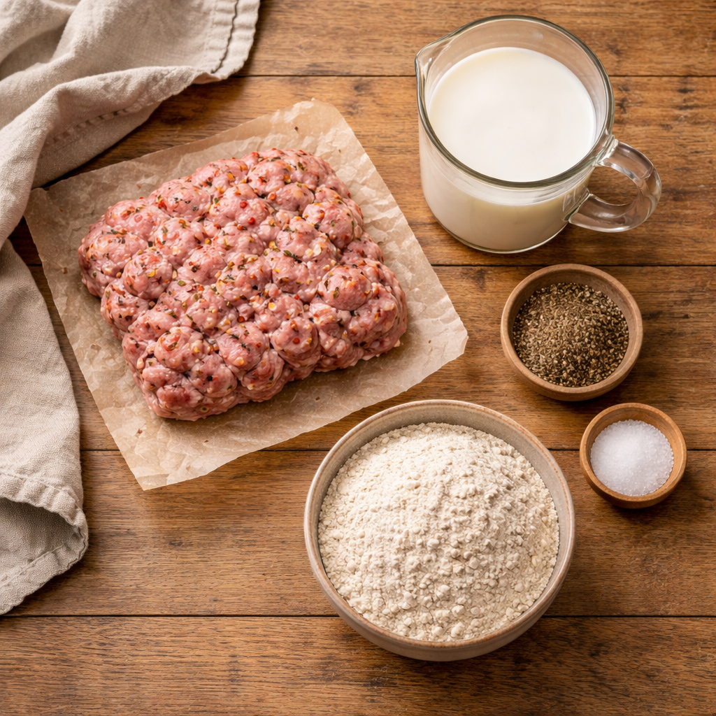 Flat lay of ingredients for homemade sausage gravy including seasoned raw breakfast sausage on parchment paper, flour, milk, black pepper, and salt on a rustic wooden surface.