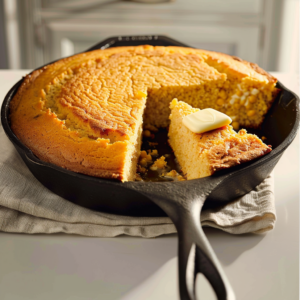 Golden old-fashioned Southern cornbread baked in a cast iron skillet with one slice cut out and a pat of butter melting on top in a bright farmhouse kitchen.