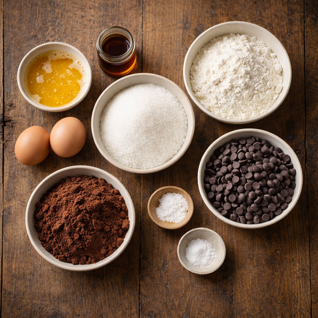 Flat lay of skillet brownie ingredients including cocoa powder, flour, sugar, chocolate chips, eggs, butter, and vanilla arranged on a rustic wooden surface.
