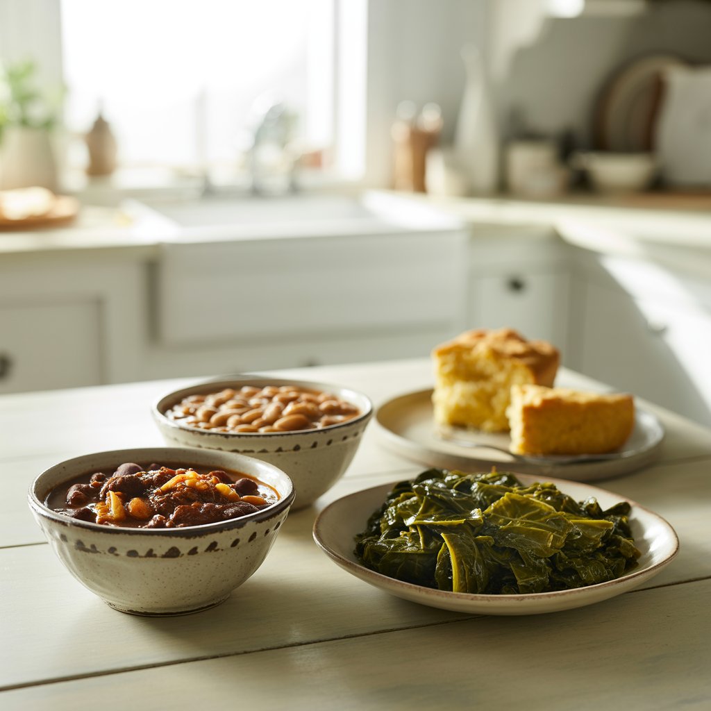 Southern comfort food spread with bowls of pinto beans, collard greens, and slices of cornbread on a farmhouse kitchen table