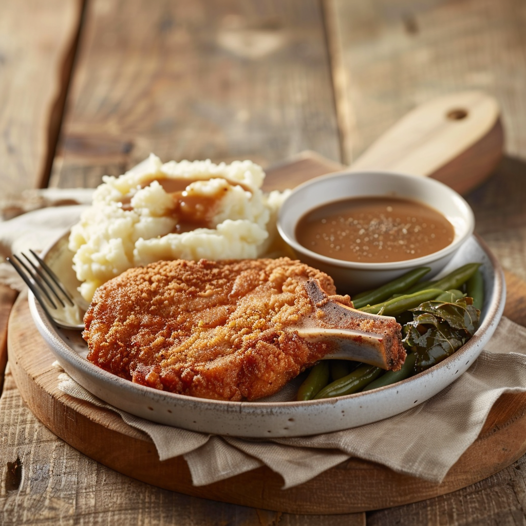 A plate of Southern fried pork chops served with creamy mashed potatoes, country gravy, and green beans on a rustic wooden table.