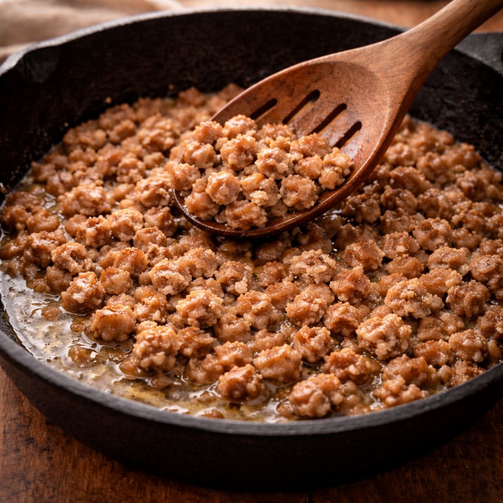 Breakfast sausage browning in a cast iron skillet with a slotted wooden spoon, showing rendered grease left in the pan for making gravy.