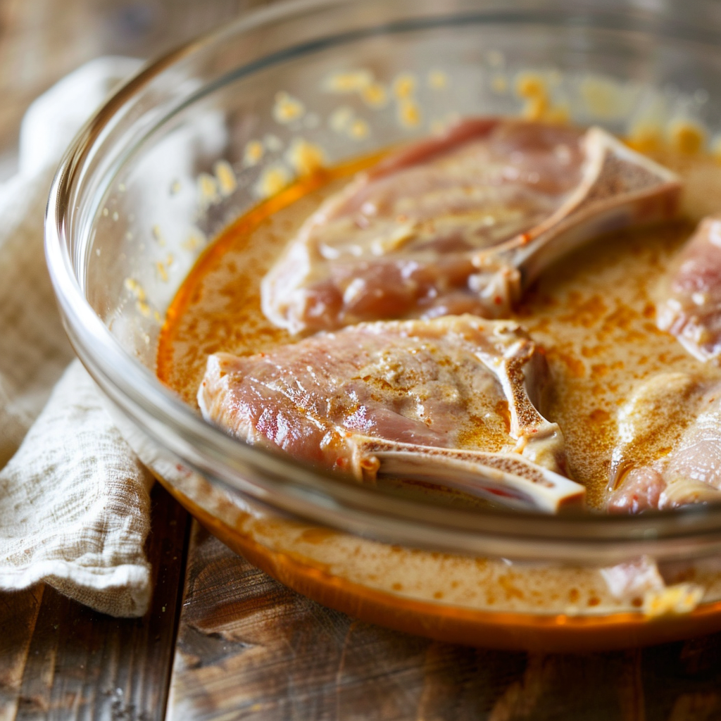 Raw bone-in pork chops soaking in a creamy buttermilk and hot sauce marinade inside a clear glass bowl on a wooden surface.