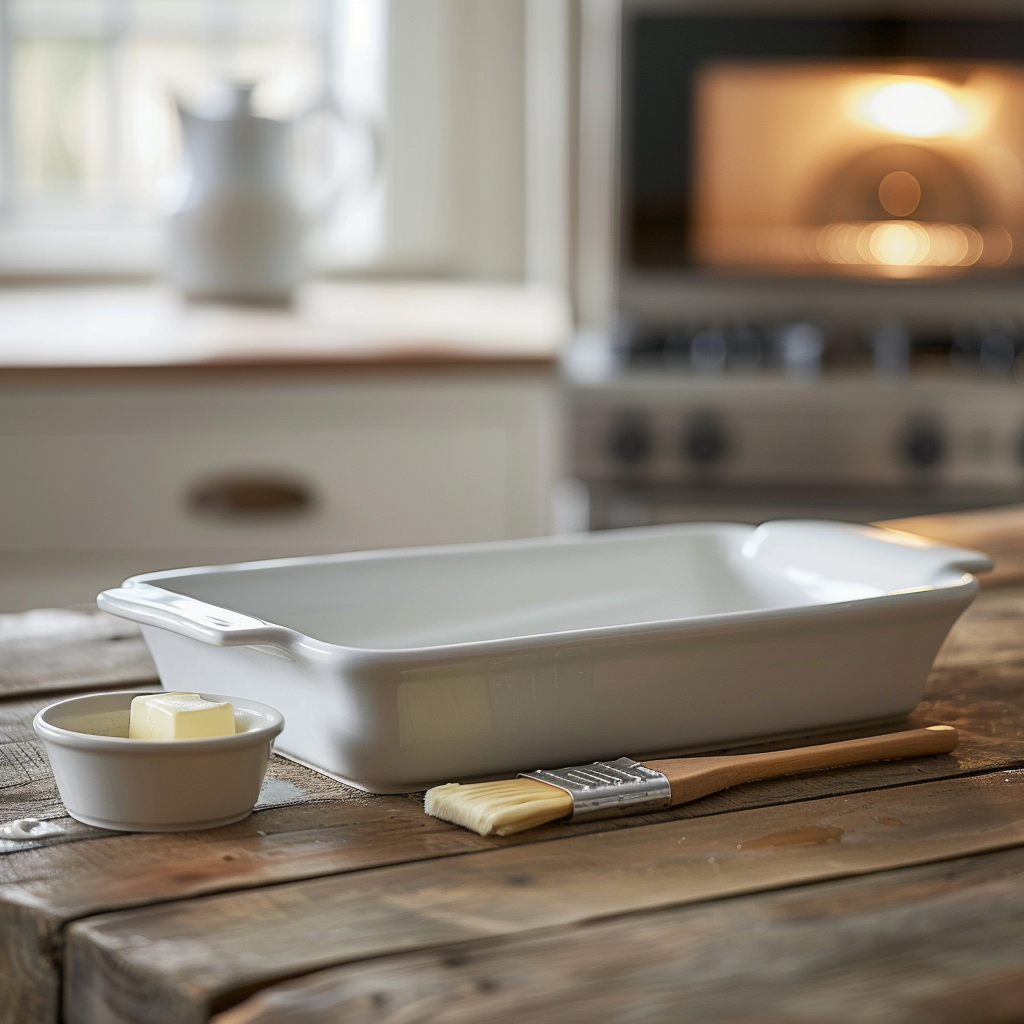 An empty greased white 9×13 baking dish with a pastry brush and butter on a wooden counter in front of a preheating oven.