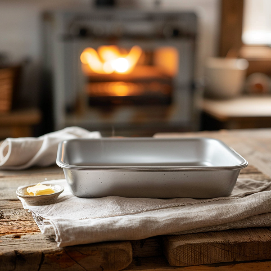 An empty greased 9×13 metal baking dish resting on a linen towel on a rustic wooden table, with a softly blurred oven preheating in the background.