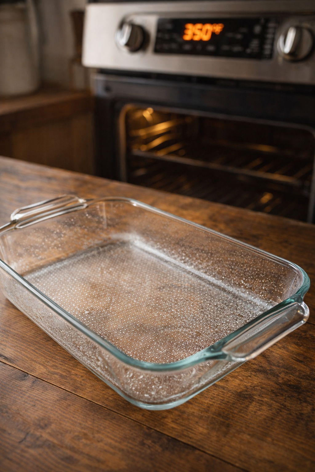 Clear glass 9×13 baking dish sprayed with nonstick spray on a wooden counter with an oven preheated to 350°F in the background