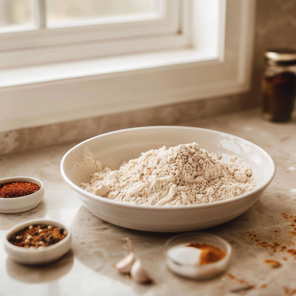 Shallow bowl of flour and cornstarch breading with seasonings prepared for chicken fried steak.