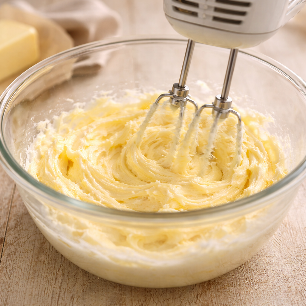 Softened butter being whipped in a clear glass mixing bowl with a hand mixer until light, fluffy, and smooth.