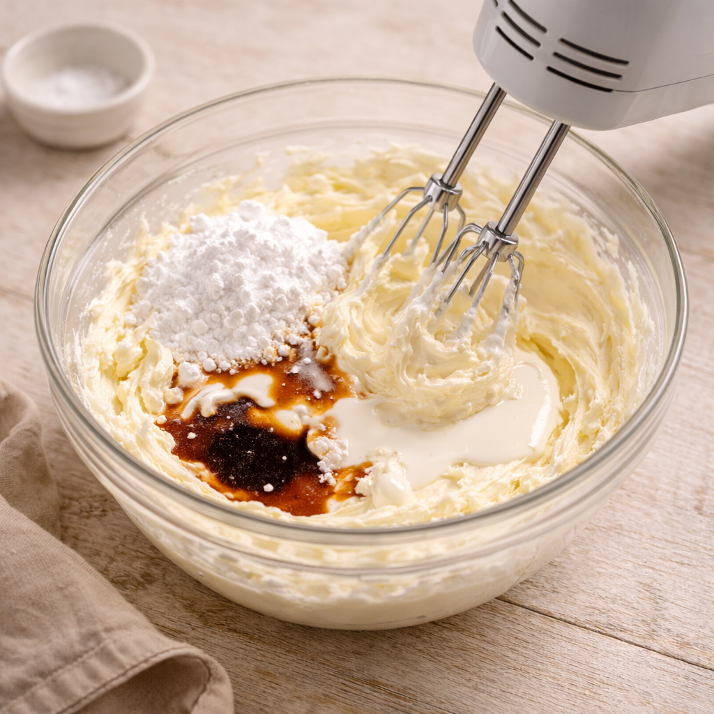 Heavy cream, powdered sugar, vanilla extract, and salt added to whipped butter in a glass mixing bowl before blending.