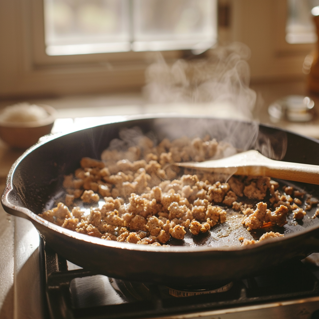 Ground breakfast sausage crumbles browning in a cast iron skillet with steam rising as it cooks on the stovetop.