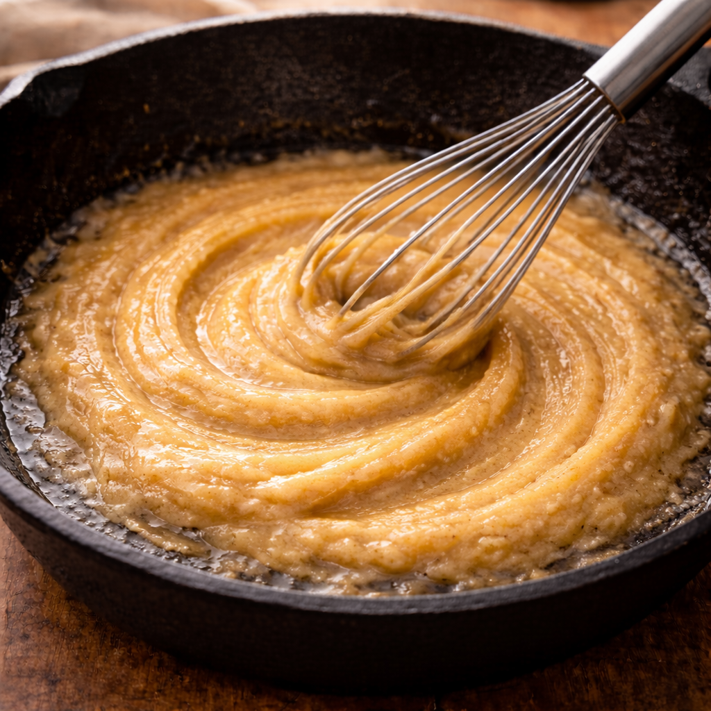 Flour whisked into sausage grease in a cast iron skillet, forming a smooth, lightly golden roux with a metal whisk.