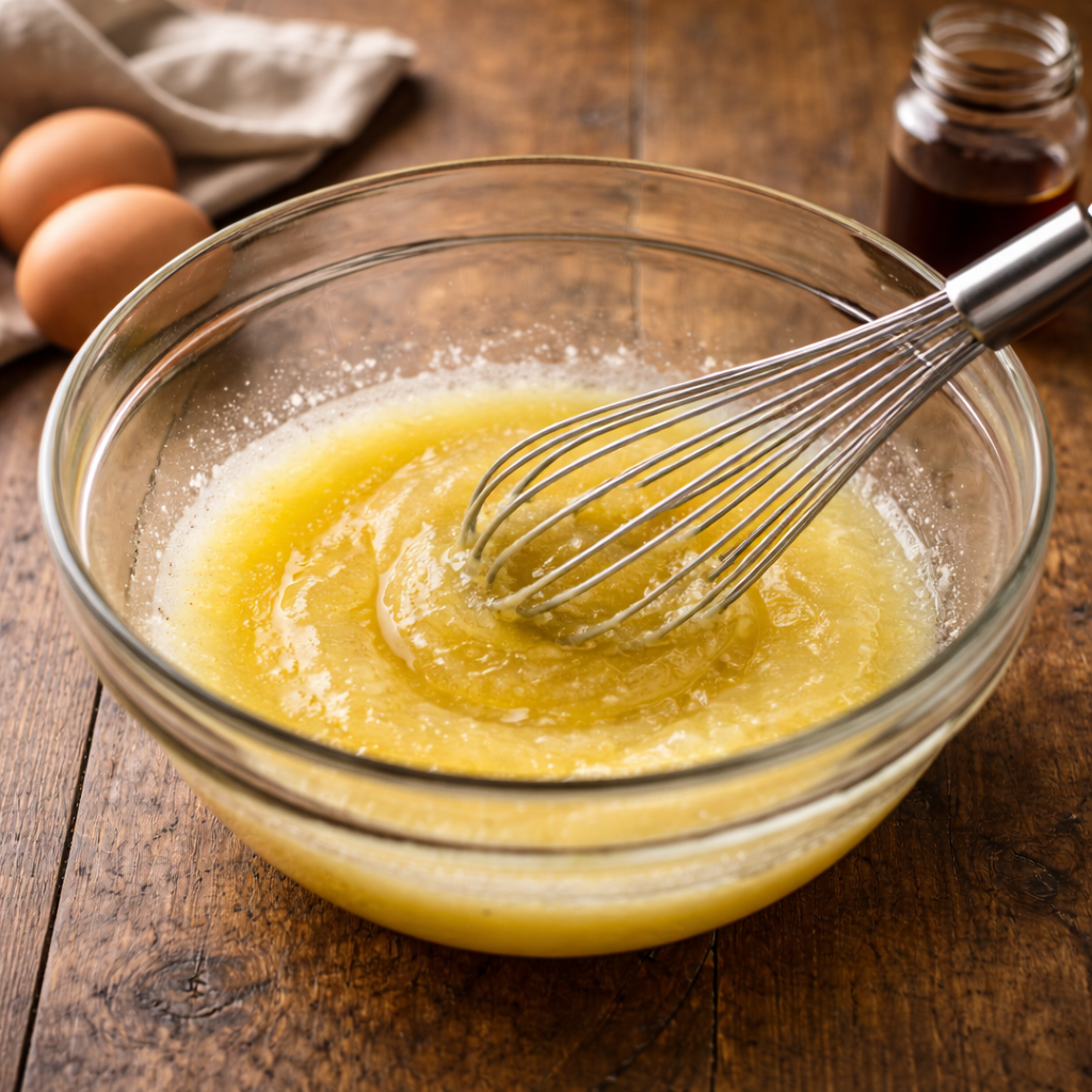Melted butter and sugar being whisked together in a glass bowl with eggs and vanilla nearby.