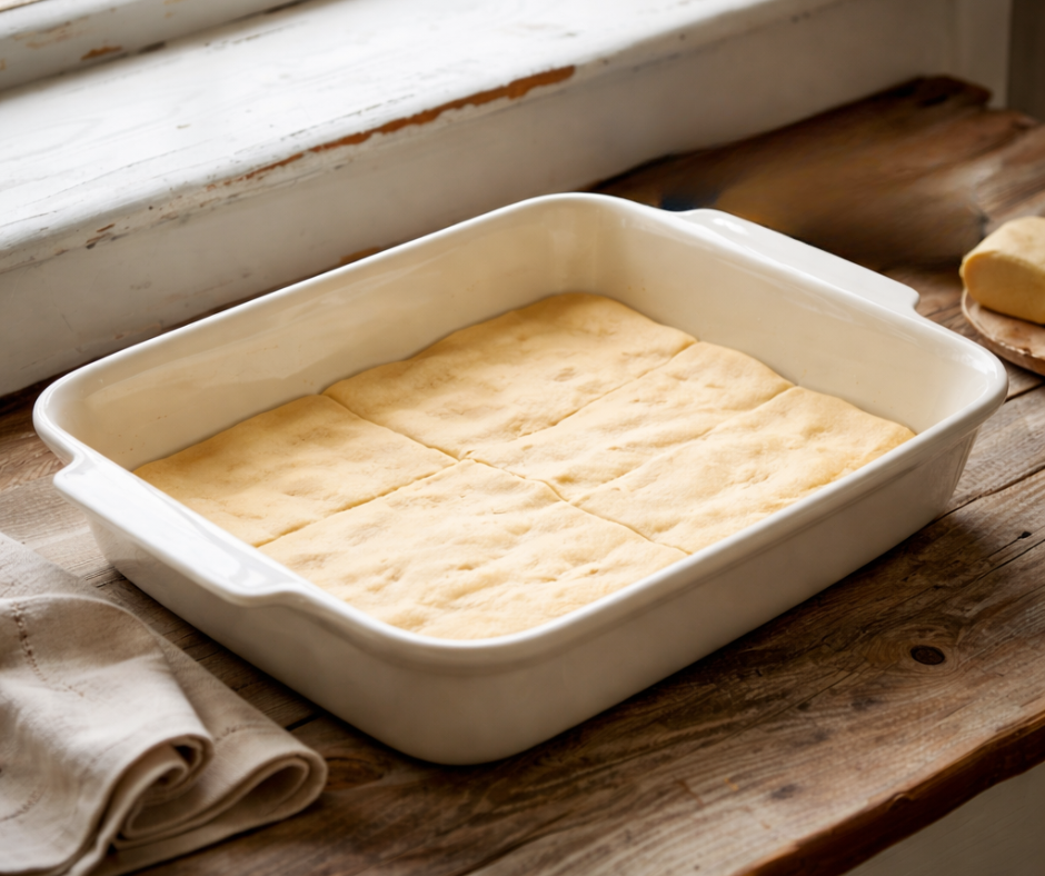 Crescent roll dough pressed evenly into a greased 9×13 baking dish to form the base layer
