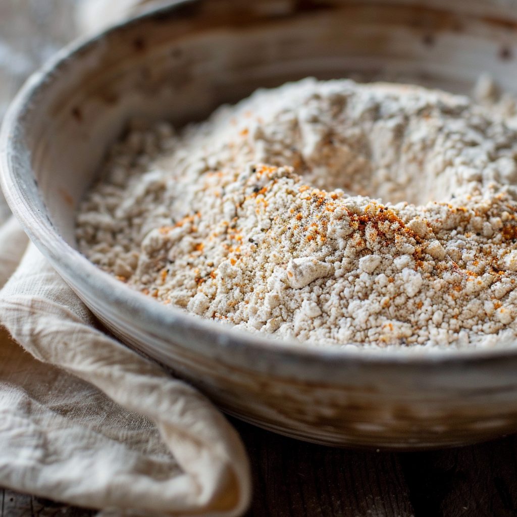 A bowl of seasoned flour with visible spices, including paprika and black pepper, used to coat Southern fried pork chops.