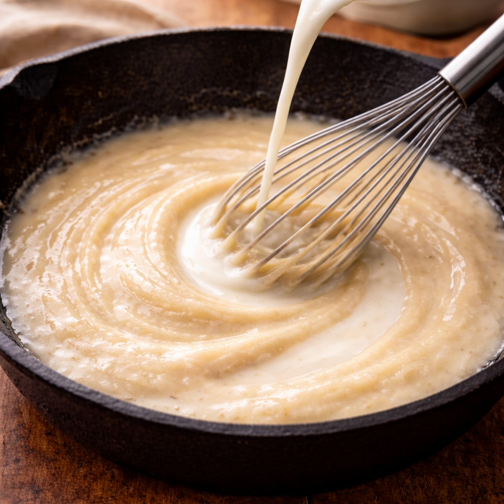 Milk being slowly whisked into a golden roux in a cast iron skillet to form smooth, creamy gravy.