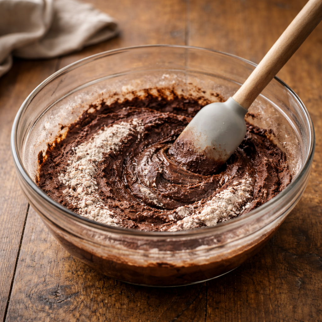 Cocoa powder and flour being folded into brownie batter in a glass mixing bowl with a silicone spatula.