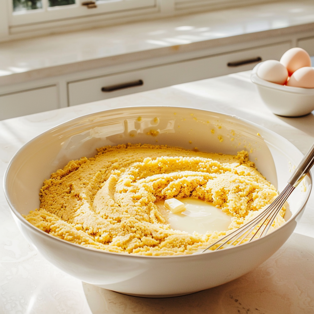 White mixing bowl with cornmeal mixture as eggs, buttermilk, and melted butter are added to make thick old-fashioned cornbread batter.