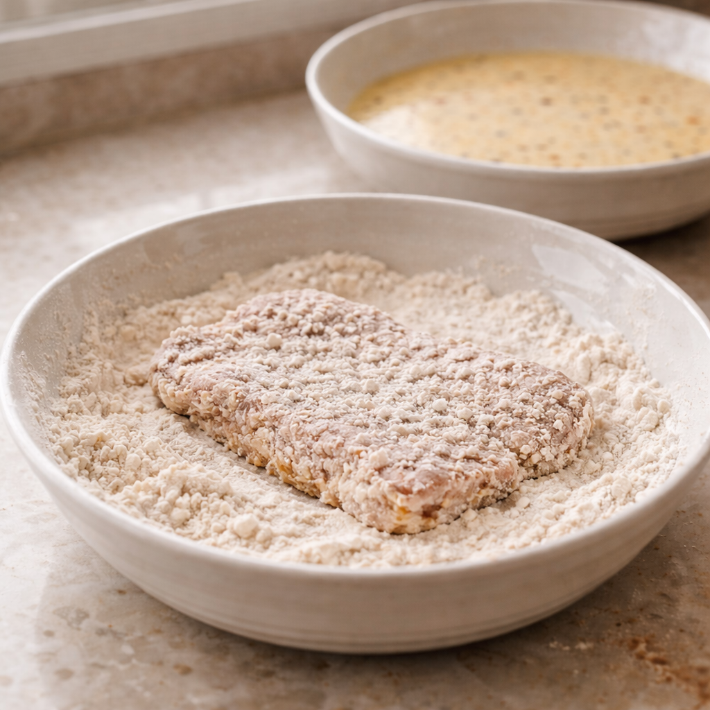 Irregular cube steak dredged in seasoned flour with egg and buttermilk mixture in the background.