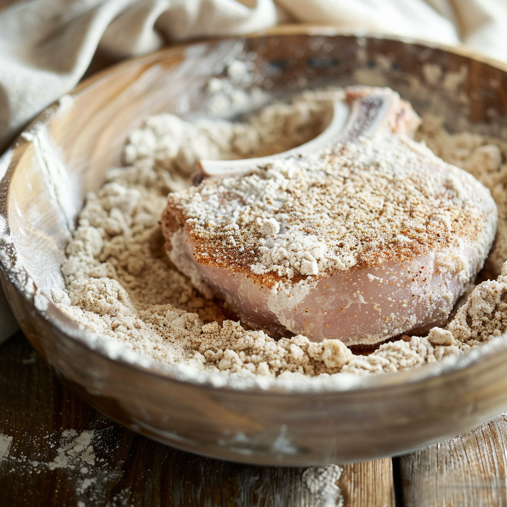 A raw bone-in pork chop coated in seasoned flour inside a large bowl, showing the thick breading used for Southern fried pork chops.